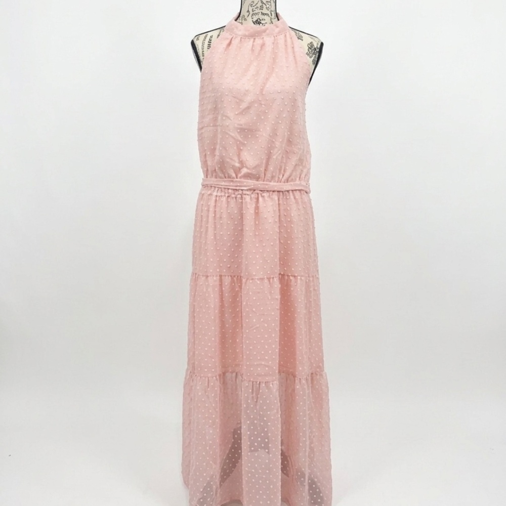PRETTYGARDEN NWT Pink Swiss Dot Halter Maxi Dress Tiered Boho Wedding Guest XL - Picture 2 of 6